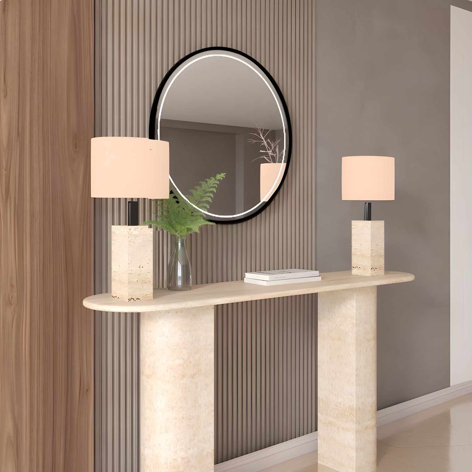 Ovale Travertine Console Table with Sloped Pedestal Base – Natural Stone Base