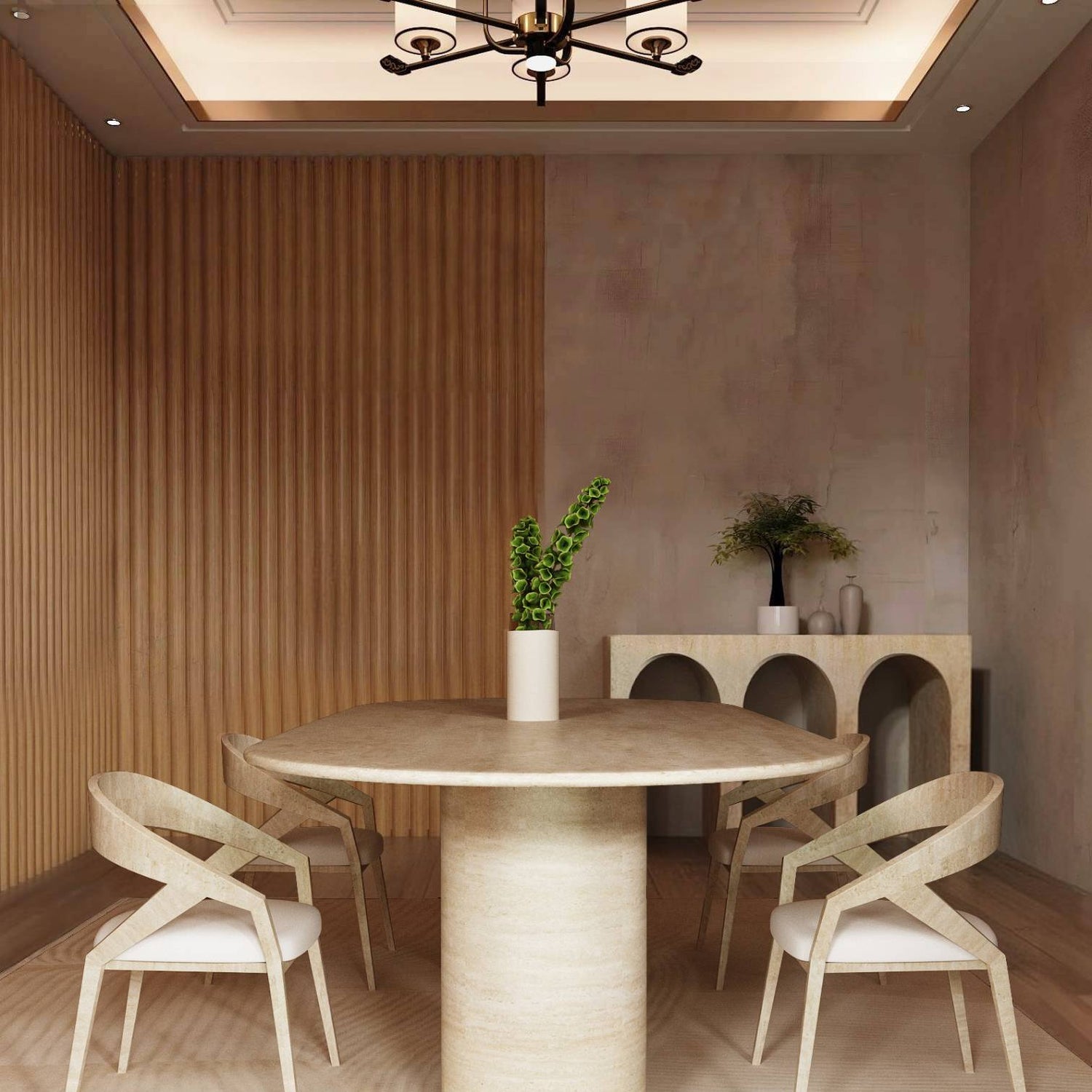 An Oval Travertine Dining Table with a sloped natural stone base by TRAVERTABLE and four chairs sit on a light rug in a modern dining room with wood wall panels, a sideboard, green plants in vases, and a ceiling light above.