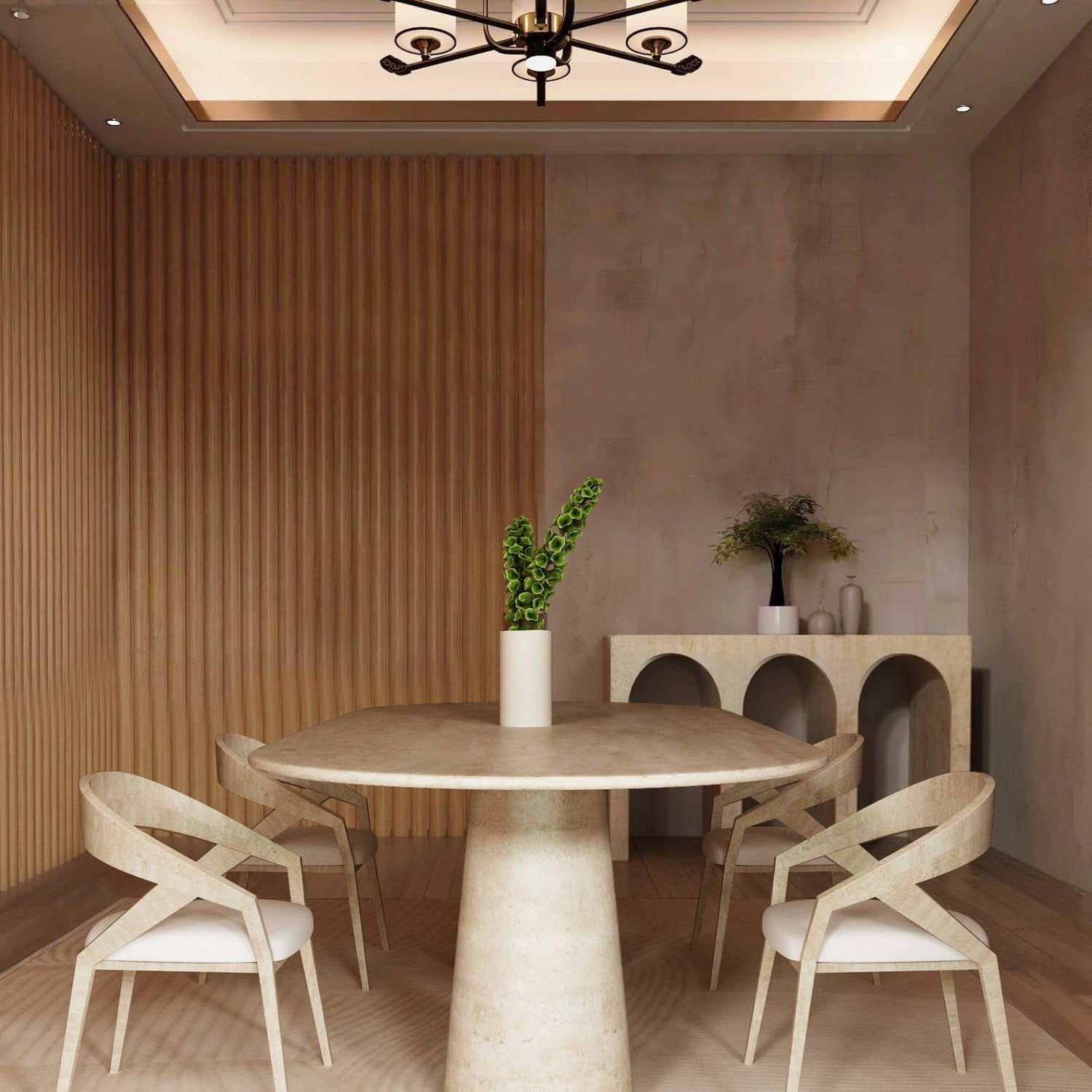 The TRAVERTABLE Oval Travertine Dining Table with Conical Pedestal Base is paired with four matching chairs. A vase with green plants decorates the natural stone top, set against light wood paneling and a console with décor.