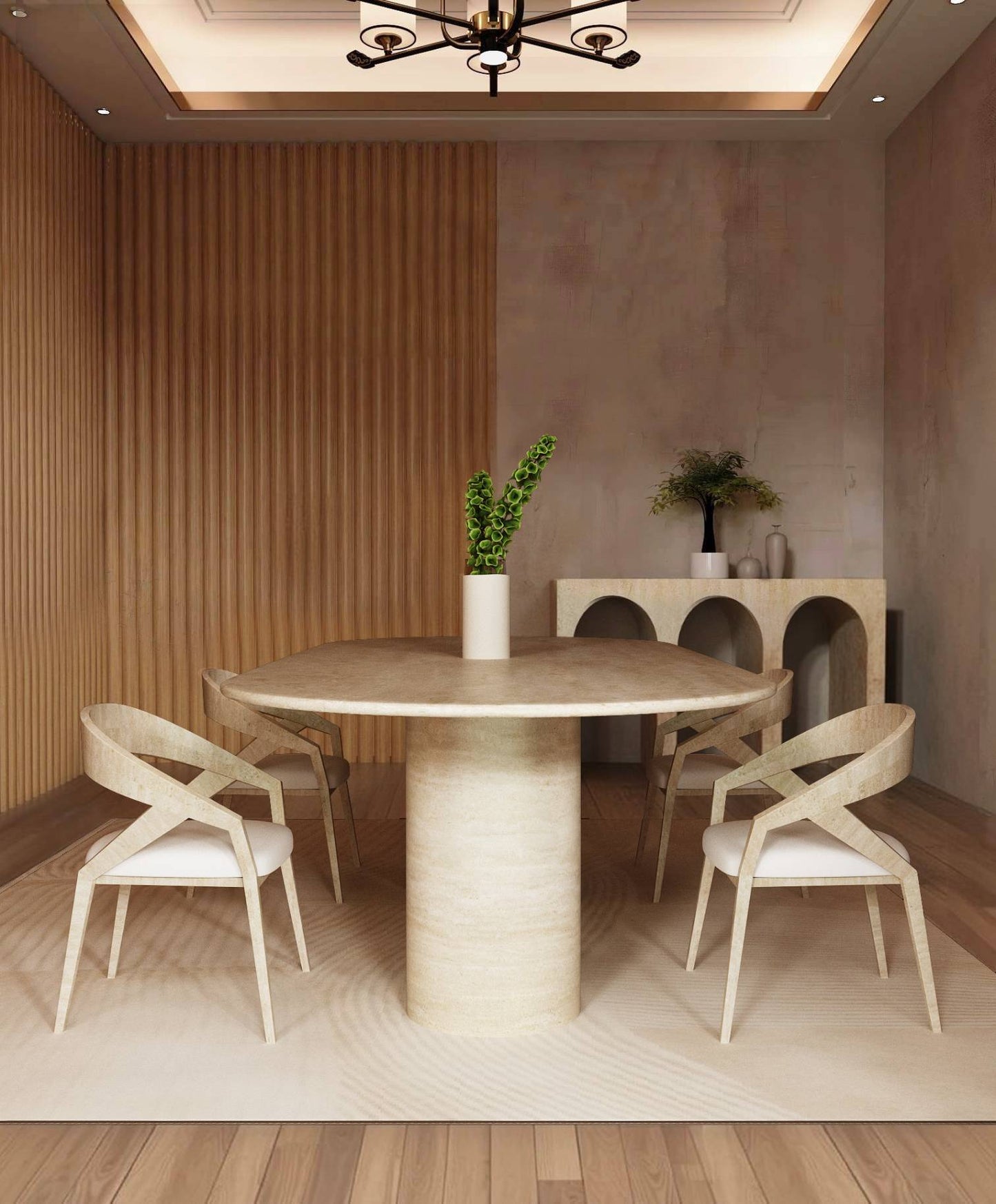 Oval Travertine Dining Table with Smooth Cylinder Base – Pure Travertine Stone Base – Customizable Dining Table