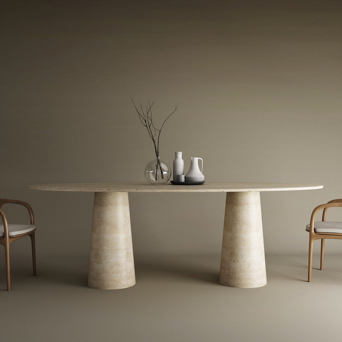 Ellips Travertine Dining Table – Conical Pedestal Form – Travertable