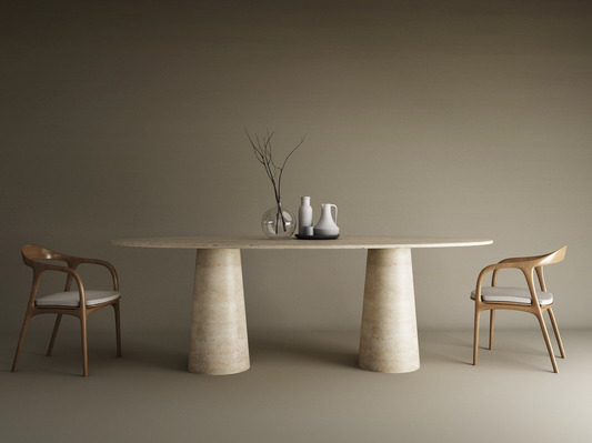 Ellips Travertine Dining Table with Conical Pedestal Base – Organic Travertine Stone Base – Customizable Dining Table
