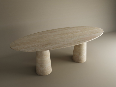 The Ellips Travertine Dining Table by TRAVERTABLE features a natural stone tabletop and organic travertine conical pedestal base—customizable and ideal for adding unique style to your dining space.