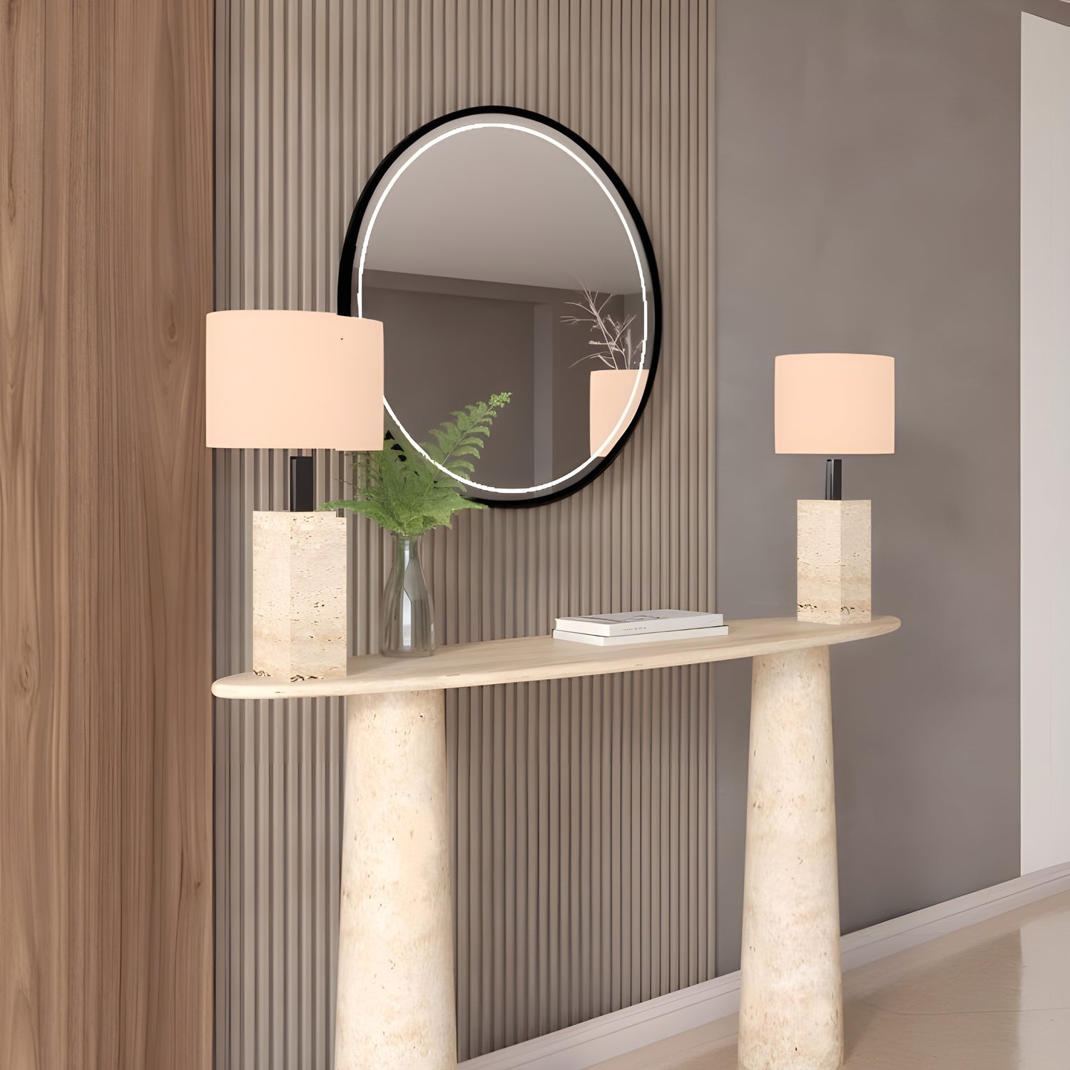 Ellips Travertine Console Table with Conical Pedestal Base – Organic Travertine Stone Base