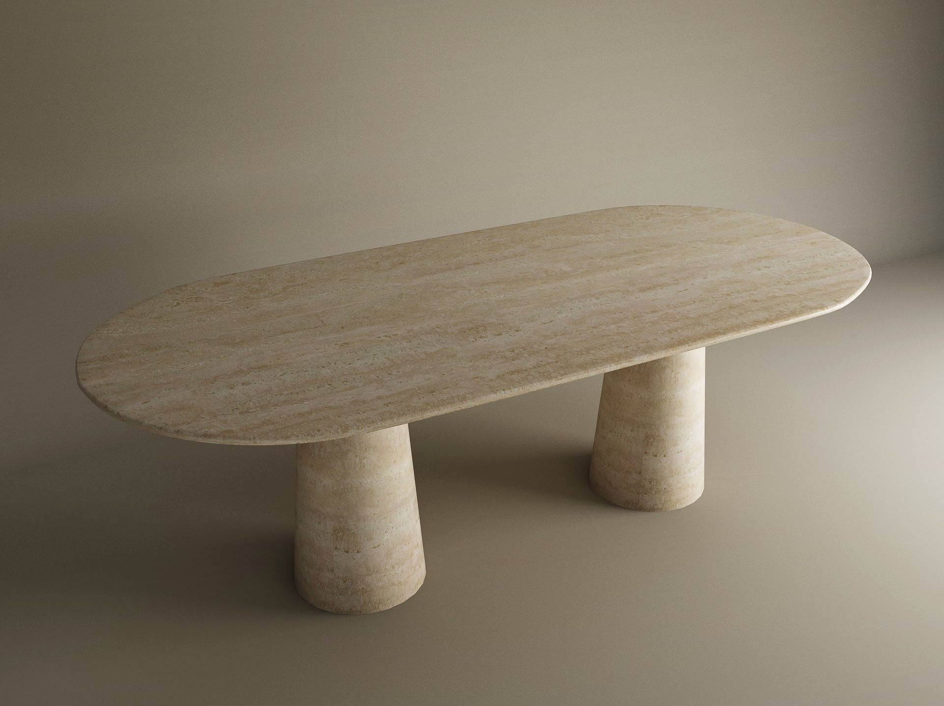 The TRAVERTABLE Oval Travertine Dining Table features a natural stone tabletop and organic travertine conical base, creating a minimalist look in neutral tones under soft lighting. Customization available.