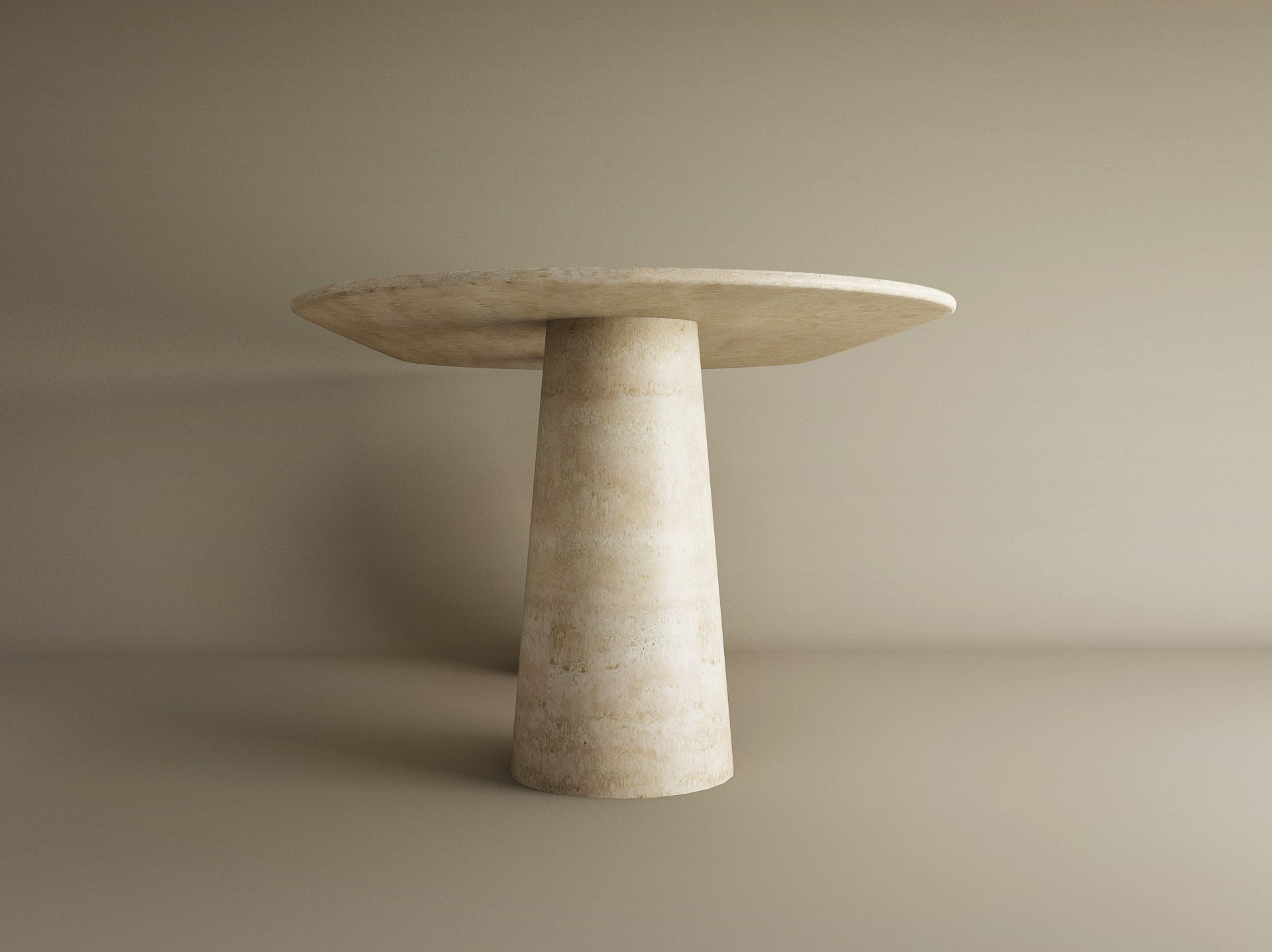 The TRAVERTABLE Oval Travertine Dining Table features an organic travertine stone conical pedestal base and a spacious natural tabletop, shown here against a plain beige background.