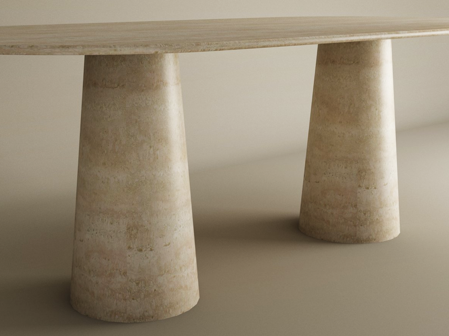 The TRAVERTABLE Oval Travertine Dining Table features a smooth, natural stone tabletop and conical pedestal bases in light beige, creating a seamless look with matching surroundings. Customizable to fit your dining space.