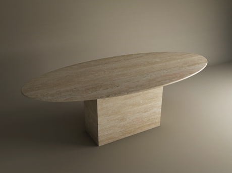 The TRAVERTABLE Ellips Travertine Dining Table features a thick natural stone tabletop and block base in beige, set against a plain neutral background. This customizable dining table combines elegance and durability.