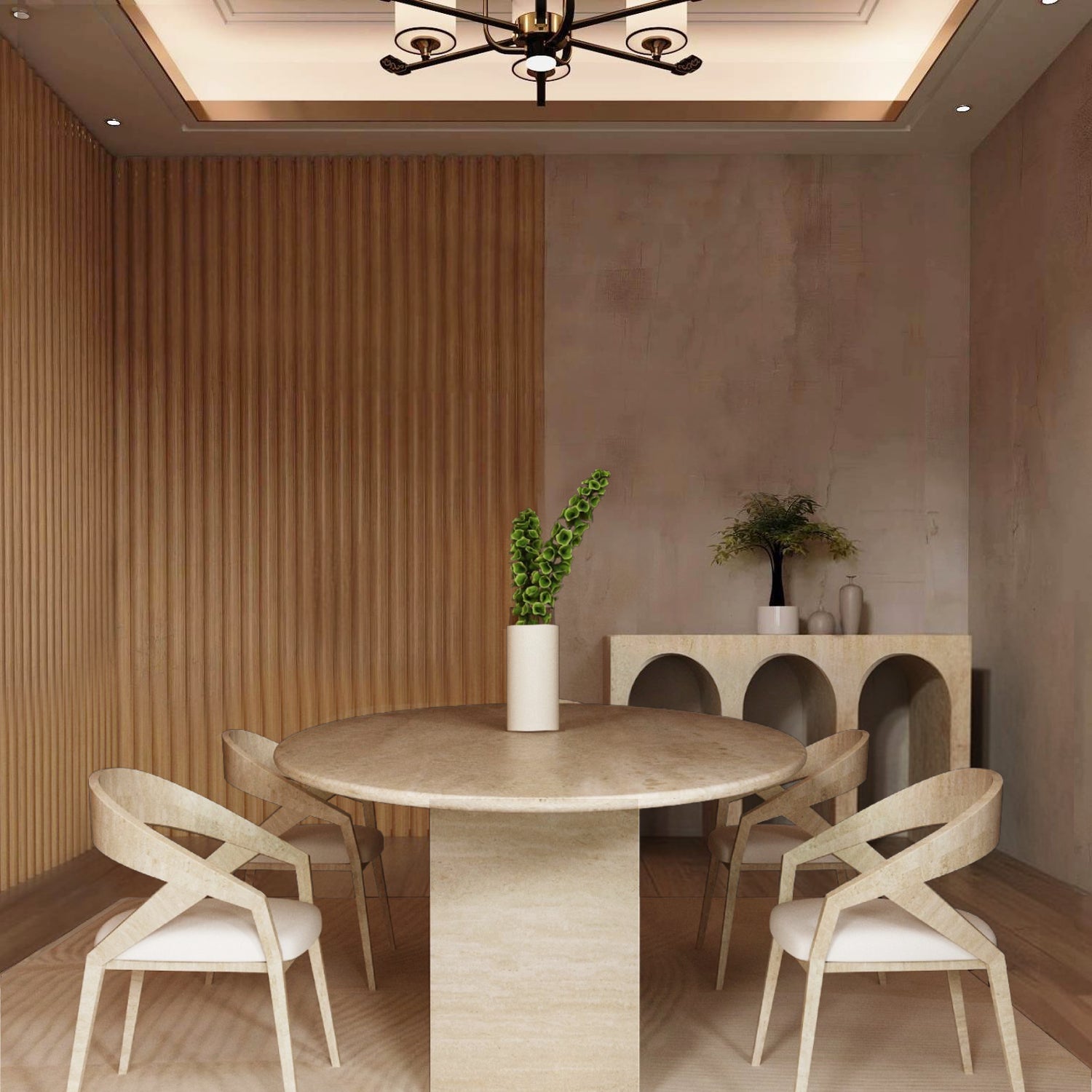 A minimalist dining room showcases the TRAVERTABLE Ellips Travertine Dining Table with Block Base – Natural Stone Base, four matching chairs, a white vase with green leaves centerpiece, and a sideboard with decor against a textured beige wall.