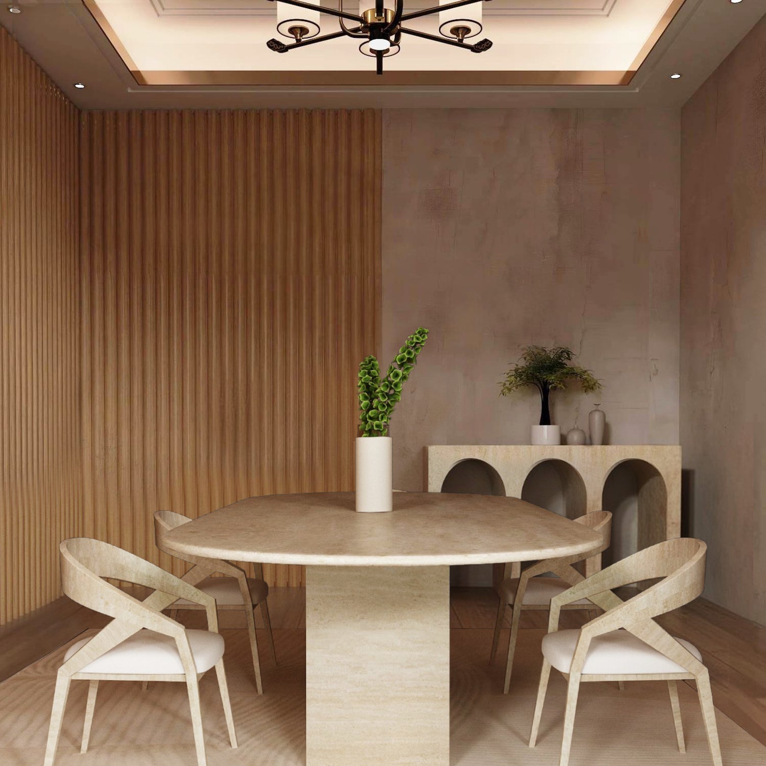 A minimalist dining room features the TRAVERTABLE Oval Travertine Dining Table with a natural stone block base, four matching chairs, a white vase with green stems, wood panel walls, and a sideboard with decorative vases and greenery.
