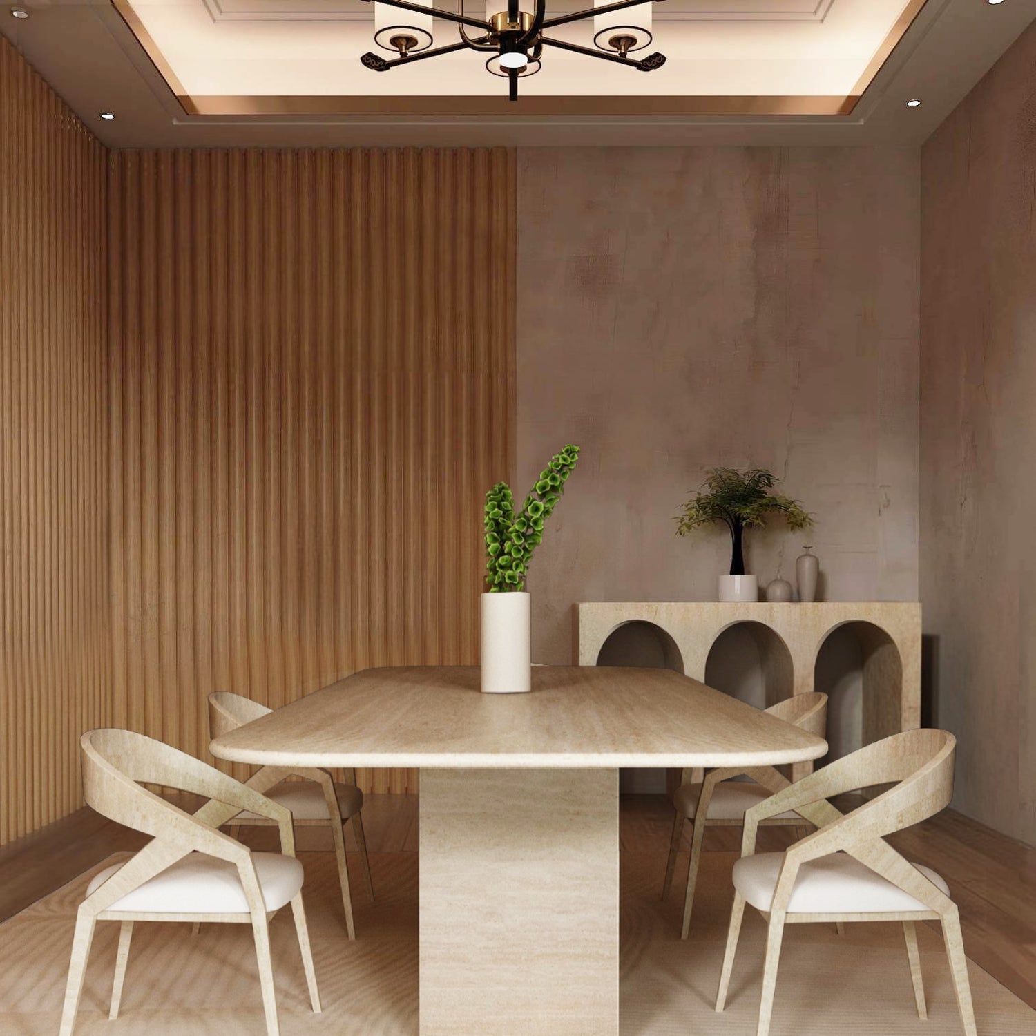 A minimalist dining room featuring the TRAVERTABLE Rectangular Travertine Dining Table with Block Base, four matching chairs, a light rug, and a sideboard with vases and plants against textured beige walls with vertical wood accents.
