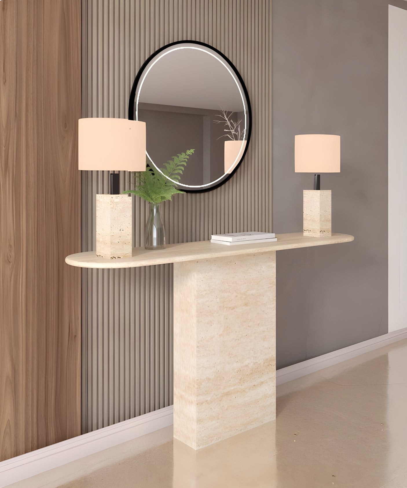 Ovale Travertine Console Table with Block Base – Natural Stone Base
