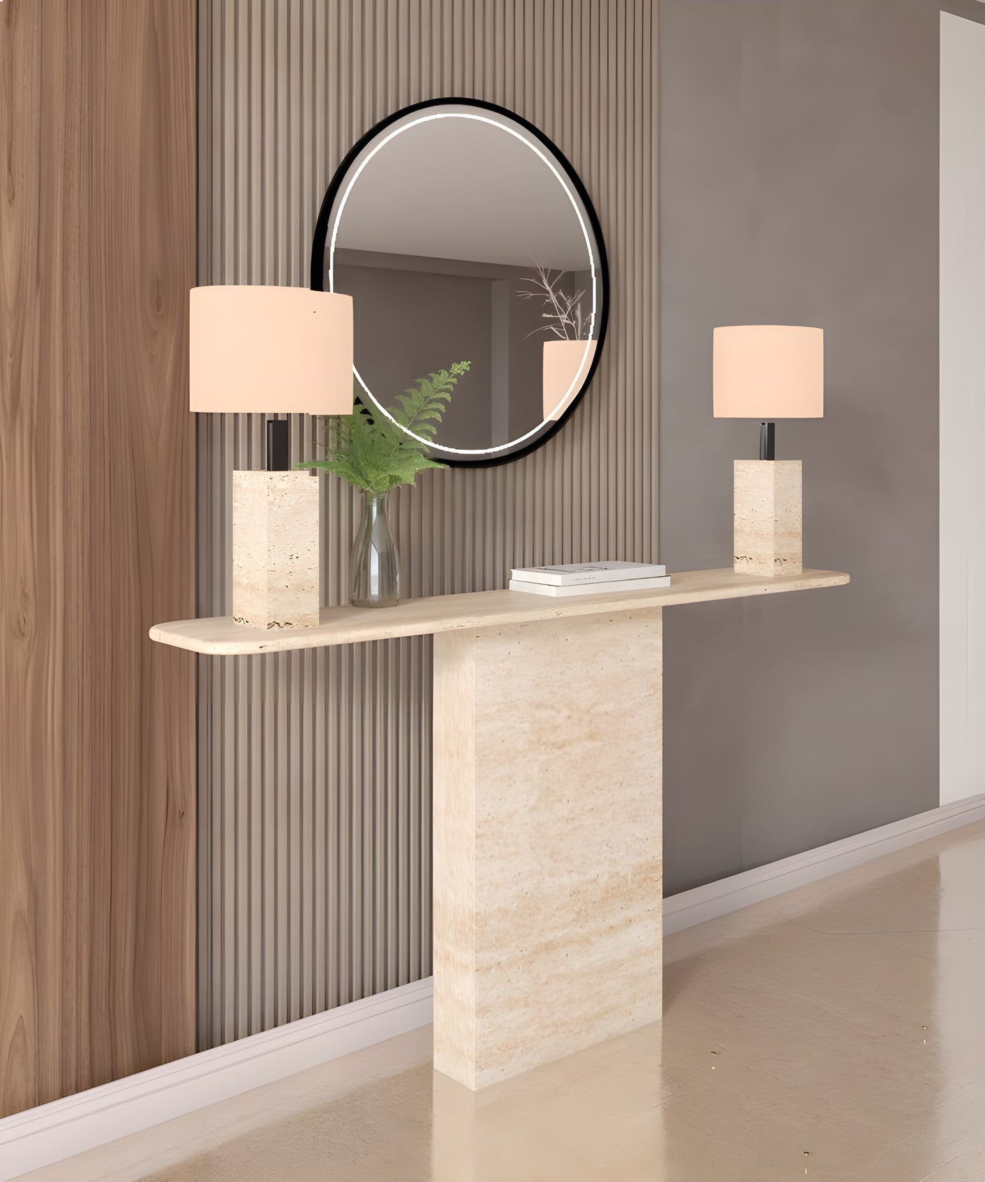 Rectangular Travertine Console Table with Block Base – Natural Stone Base