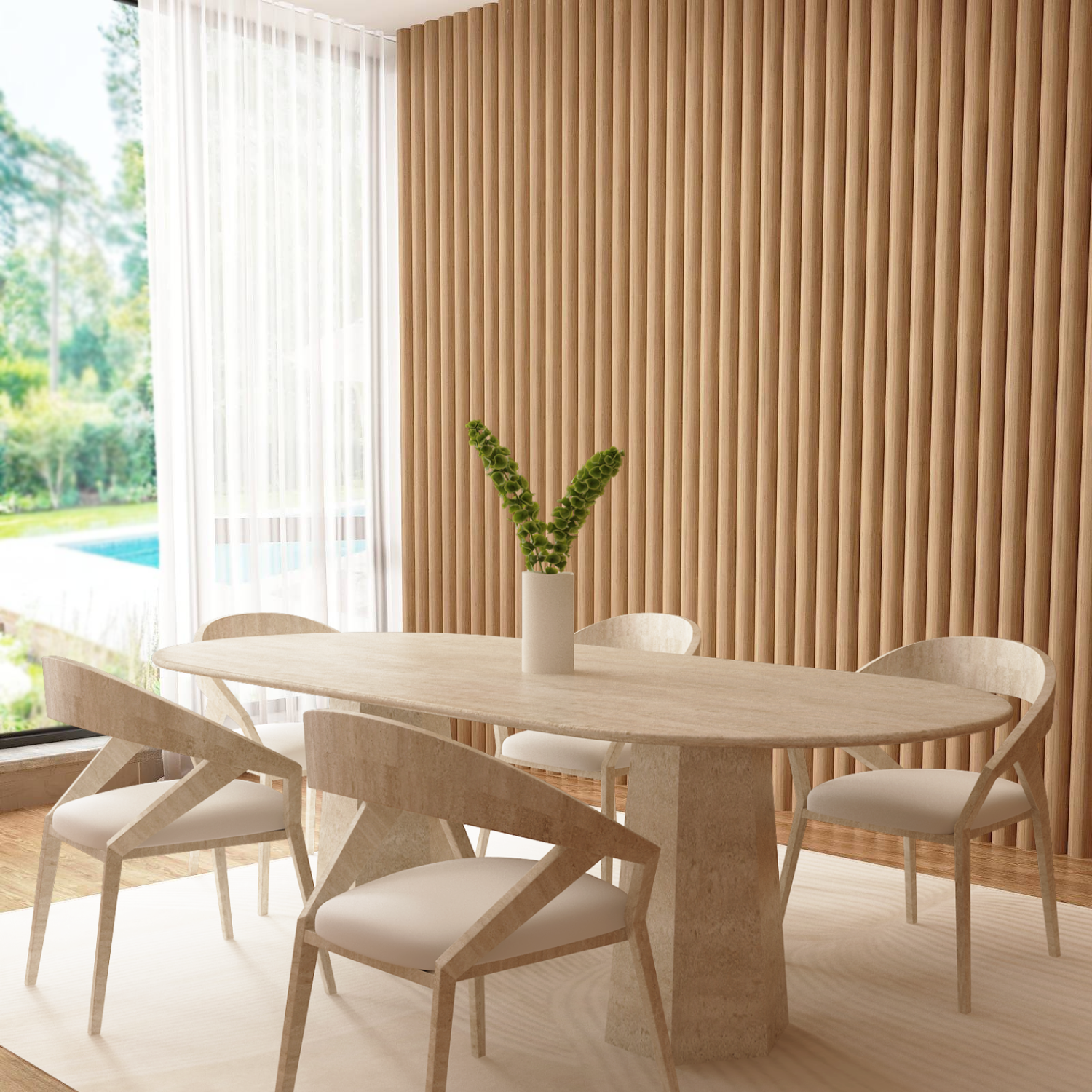 A modern dining room features the TRAVERTABLE Oval Travertine Dining Table with a solid stone base, five chairs, a white rug, and a green-flowered vase. A wooden slat wall and large window showcase views of the garden and pool outside.