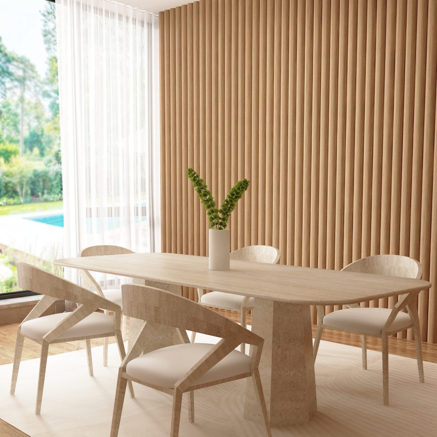 Rectangular Travertine Dining Table with Tapered Round Base