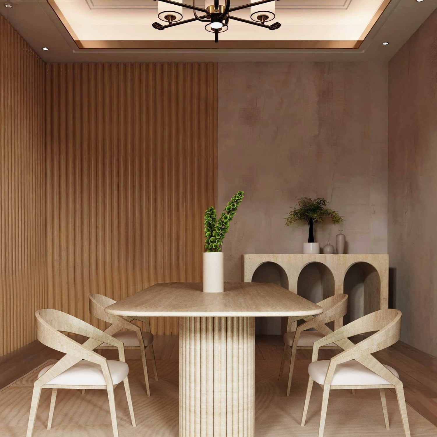A modern dining room showcases the TRAVERTABLE Rectangular Travertine Dining Table with a vertical groove base, four chairs, a vase with greenery, and a sideboard—an organic stone heirloom piece set against wood and neutral walls.