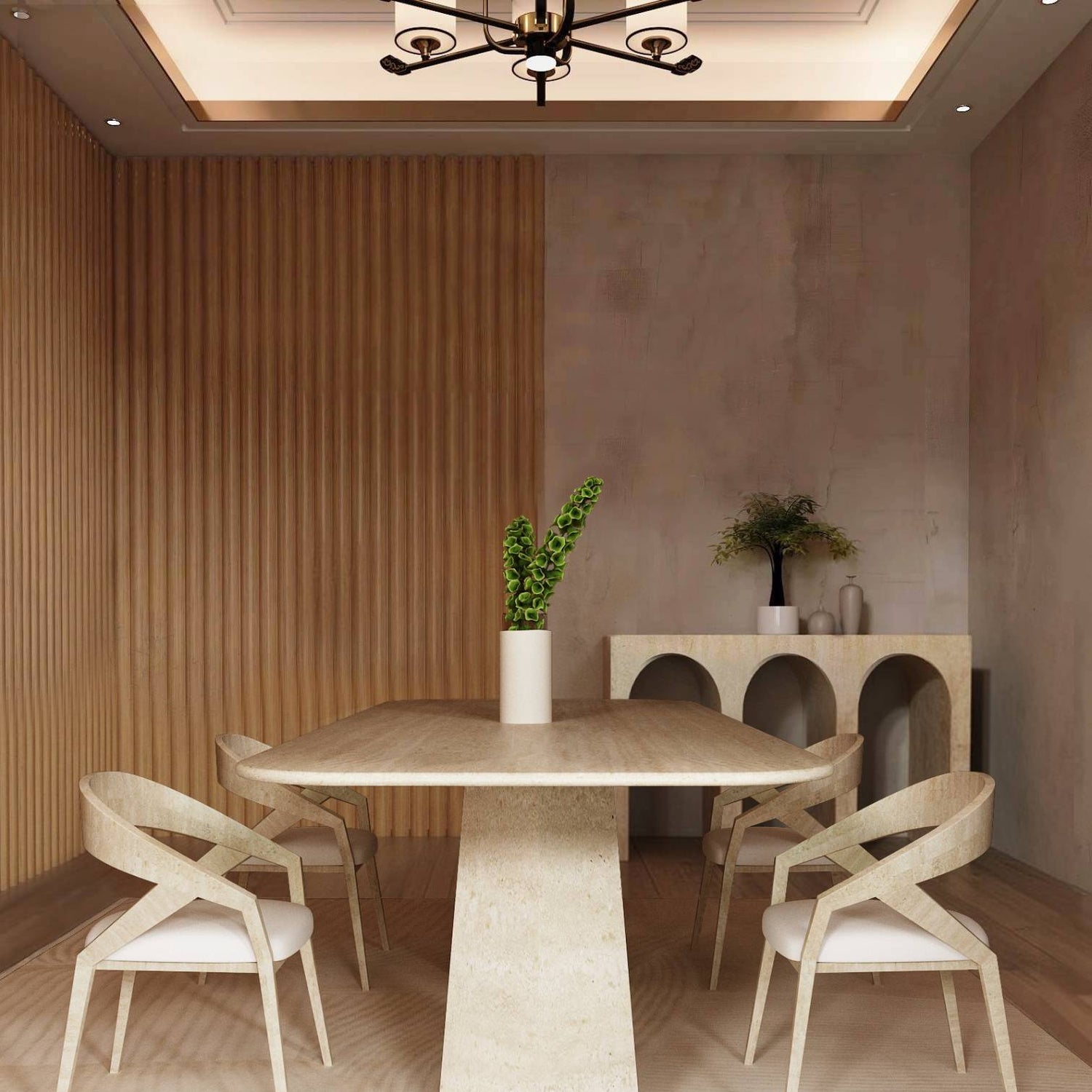 Rectangular Travertine Dining Table with Tapered Round Base