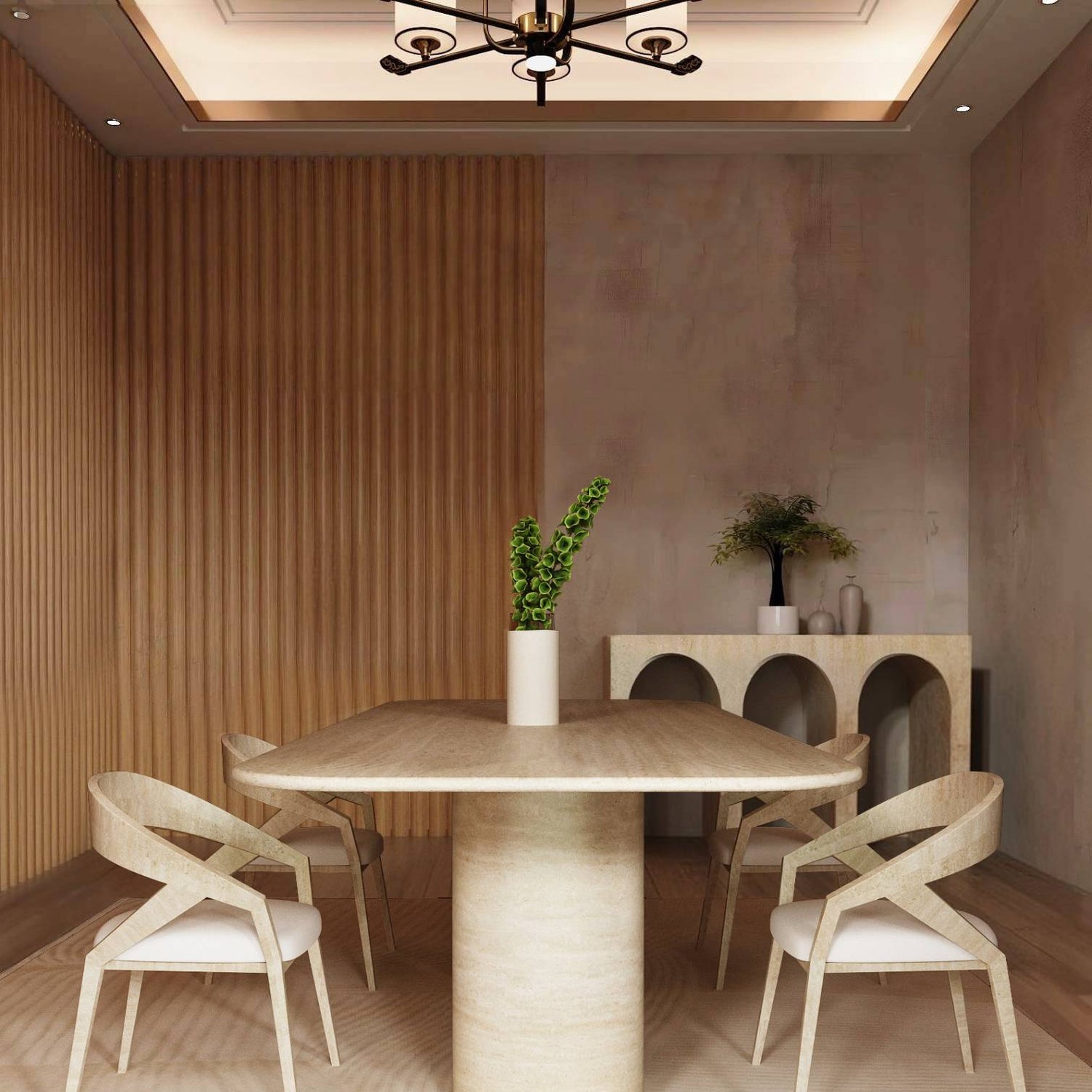 A minimalist dining room featuring the TRAVERTABLE Rectangular Travertine Dining Table with a smooth cylinder base, four light chairs, a white vase with green stems, decorative sideboard, wood paneling, and a ceiling light—combining style and heirloom quality.
