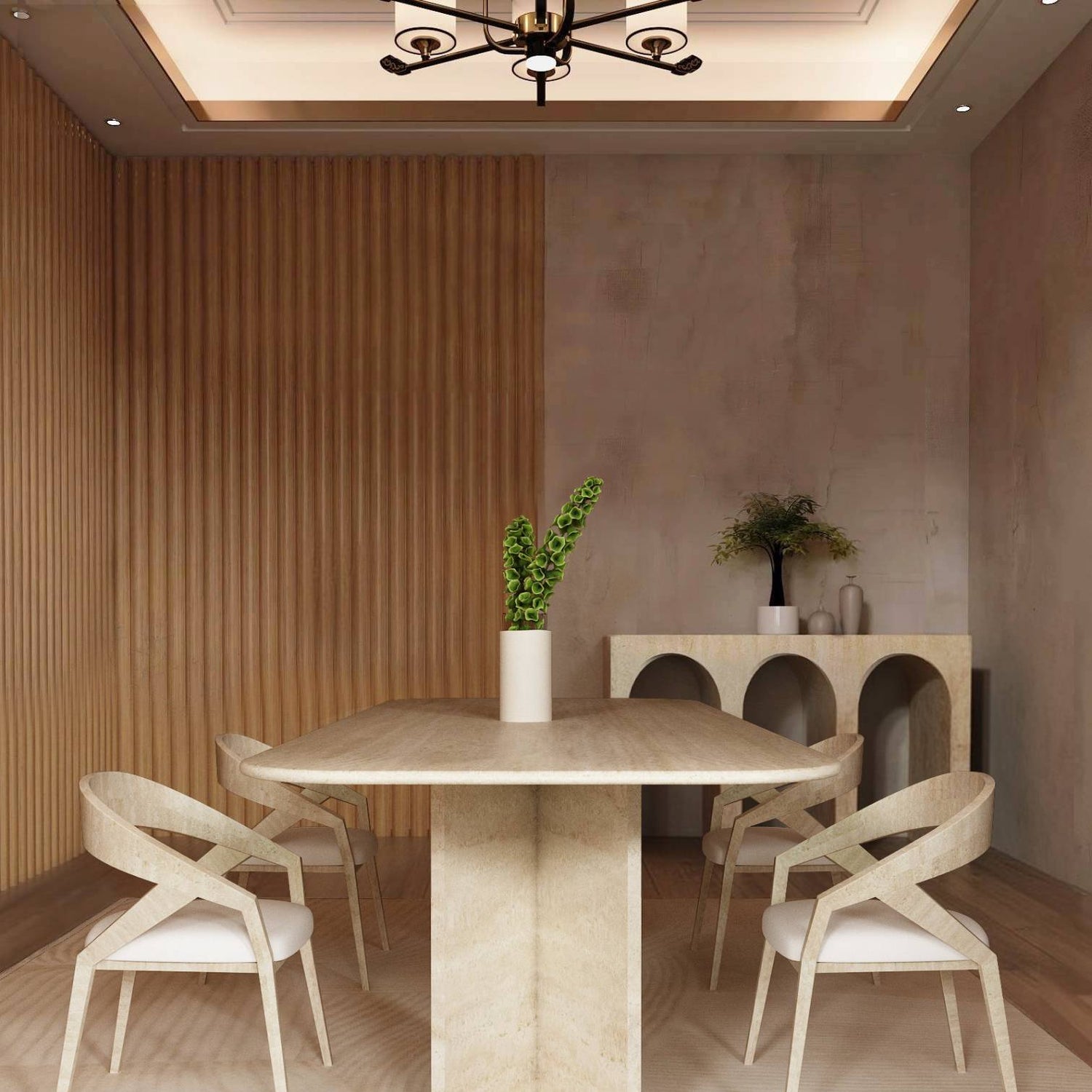 A modern dining room featuring the TRAVERTABLE Rectangular Travertine Dining Table with Split-V Pedestal Base, four wooden chairs with white cushions, an arched-cutout sideboard, decorative vases, a plant, wood-paneled and plastered walls.
