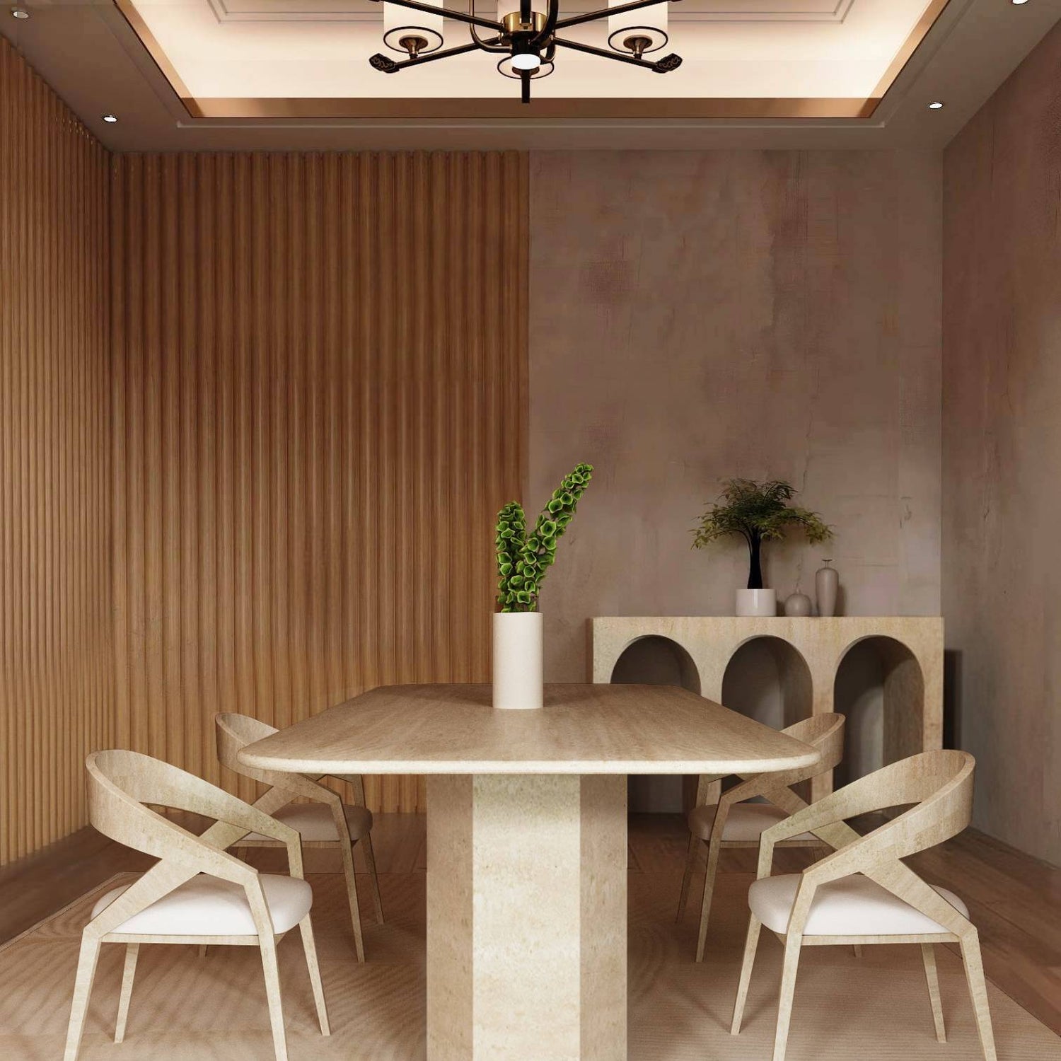 A modern dining room featuring the TRAVERTABLE Rectangular Travertine Dining Table with Hexagonal Pedestal Base and organic stone, four white-cushioned chairs, a white vase with green leaves, wooden slat wall, and a decor-adorned sideboard.