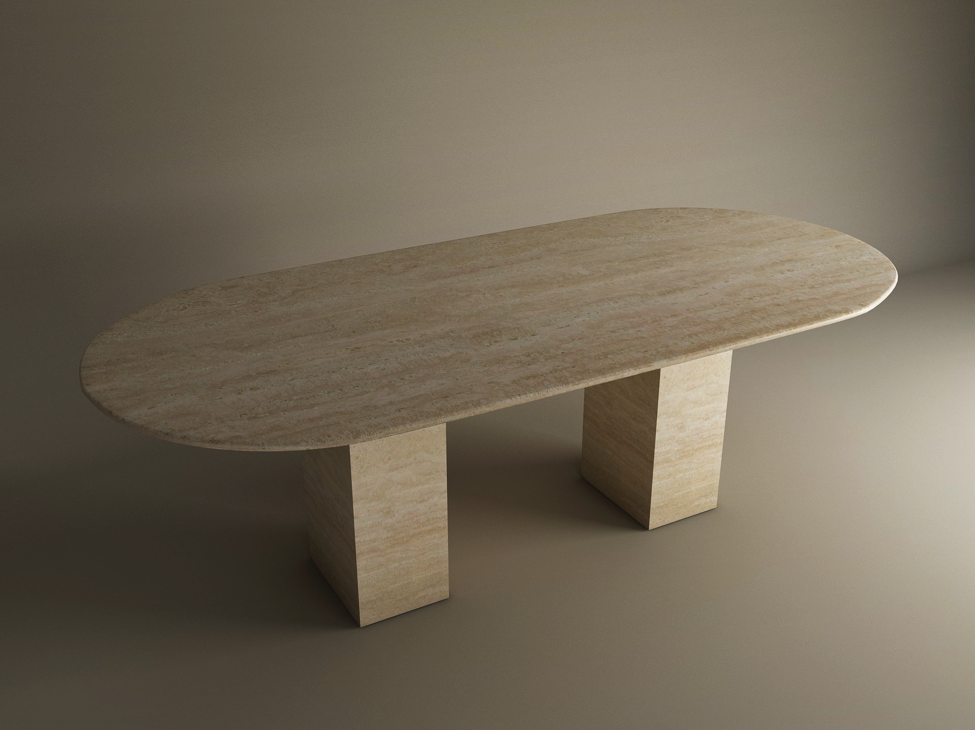 The TRAVERTABLE Oval Travertine Dining Table features a natural travertine stone top and sturdy rectangular pedestal base, combining timeless elegance and customizable design—perfect as a sophisticated heirloom centerpiece.