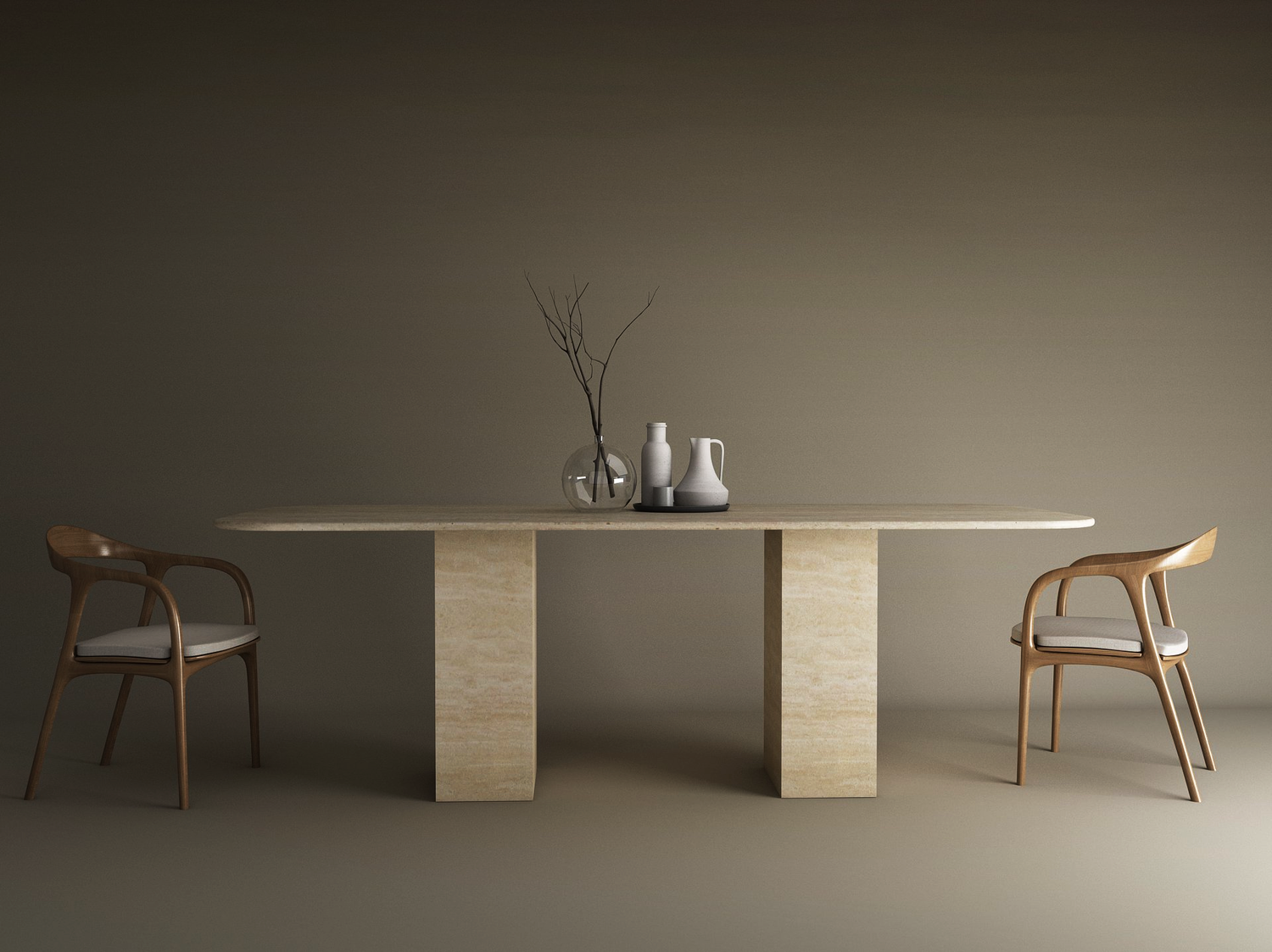 A minimalist dining area featuring the TRAVERTABLE Rectangular Travertine Dining Table with a rectangular travertine stone pedestal base, paired with two modern wooden chairs and simple decor against a neutral backdrop.