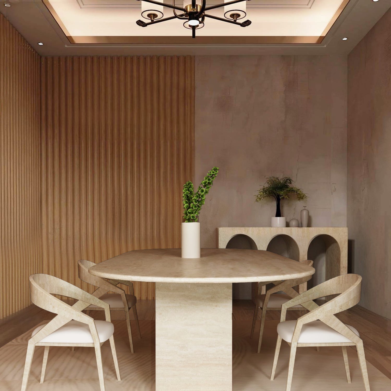 A modern dining room featuring the TRAVERTABLE Oval Travertine Dining Table with a rectangular pedestal base, four matching chairs, a tall vase with green stems, light wood sideboard with decor, wood paneling on the left wall, and a ceiling light above.