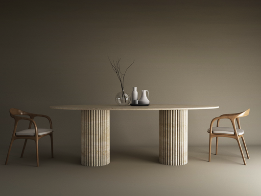 Ellips Travertine Dining Table with Vertical Groove Base – Organic Stone Base – Customizable Dining Table