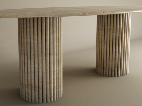 The TRAVERTABLE Ellips Travertine Dining Table features a smooth natural stone top and two vertical groove bases—an heirloom, customizable piece that adds refined elegance to any space.