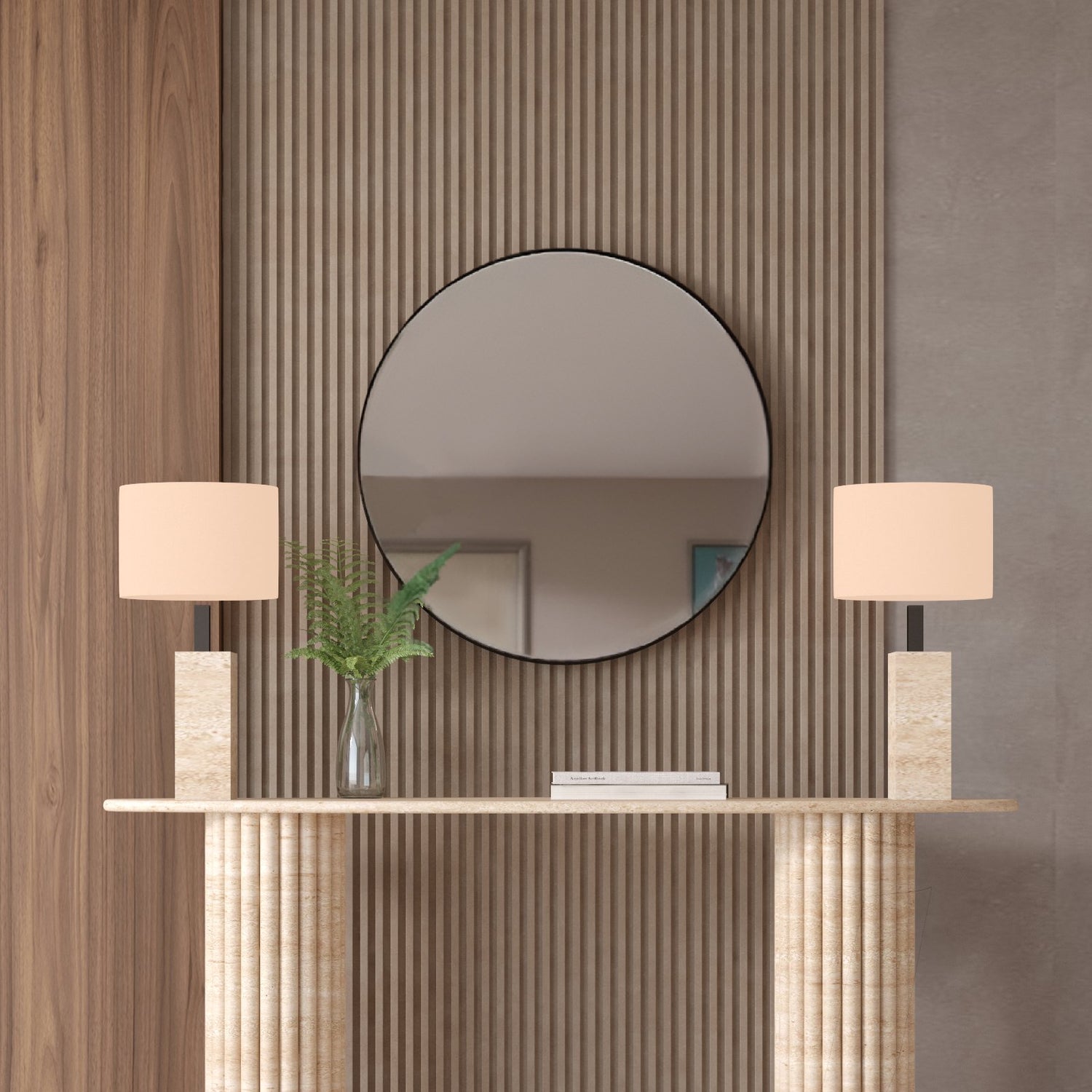 Ellips Travertine Console Table with Vertical Groove Base – Organic Stone Base