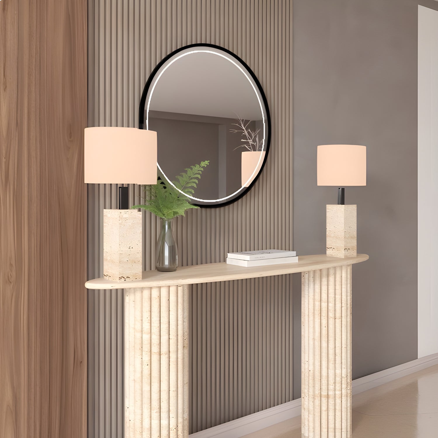 Ellips Travertine Console Table with Vertical Groove Base – Organic Stone Base