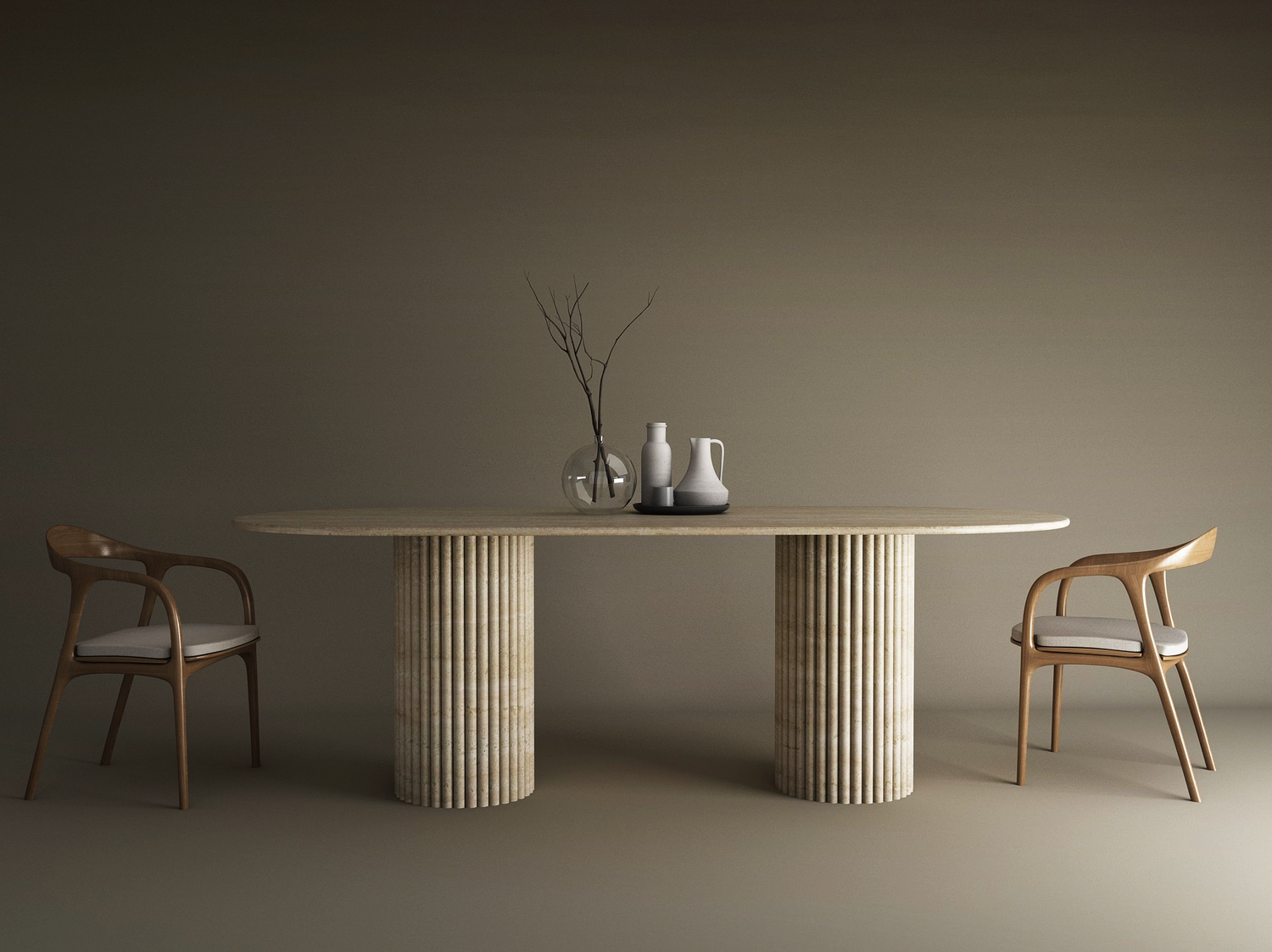 The TRAVERTABLE Oval Travertine Dining Table with Vertical Groove Base features a natural stone top, organic base, and is paired with two wooden chairs with white cushions. Minimalist decor includes a glass vase and ceramic pitchers against a beige background.