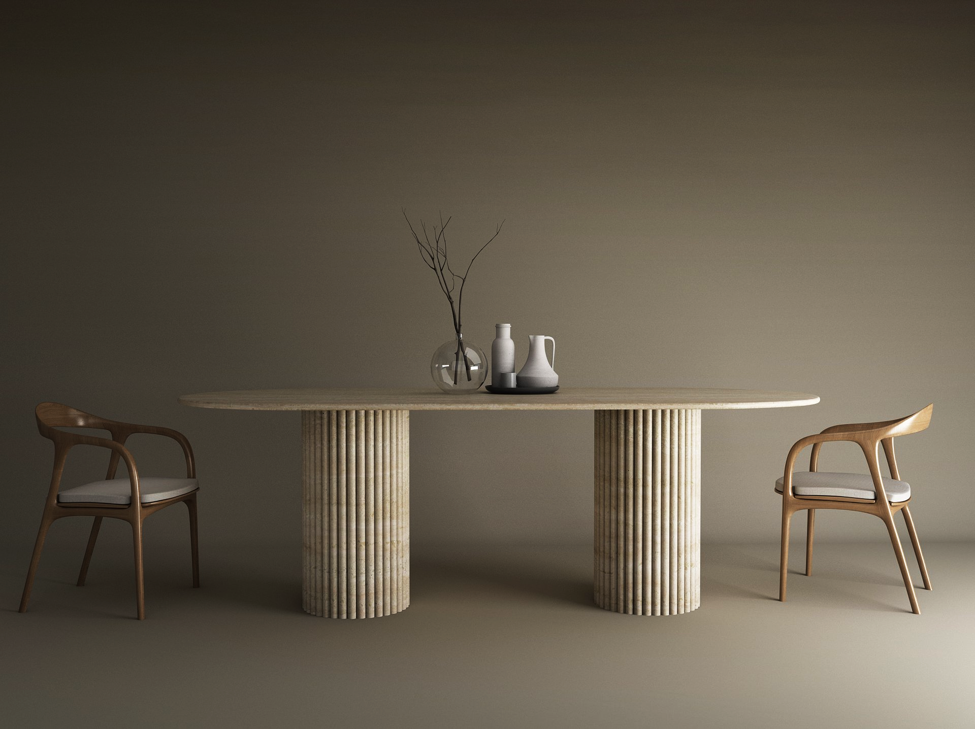 The TRAVERTABLE Oval Travertine Dining Table with Vertical Groove Base features a natural stone top, organic base, and is paired with two wooden chairs with white cushions. Minimalist decor includes a glass vase and ceramic pitchers against a beige background.