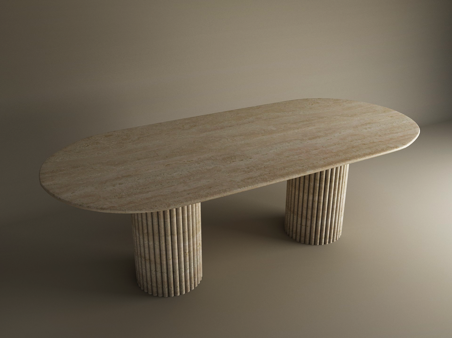 The TRAVERTABLE Oval Travertine Dining Table features a natural stone tabletop and two fluted, cylindrical bases with vertical grooves, set against a plain background.