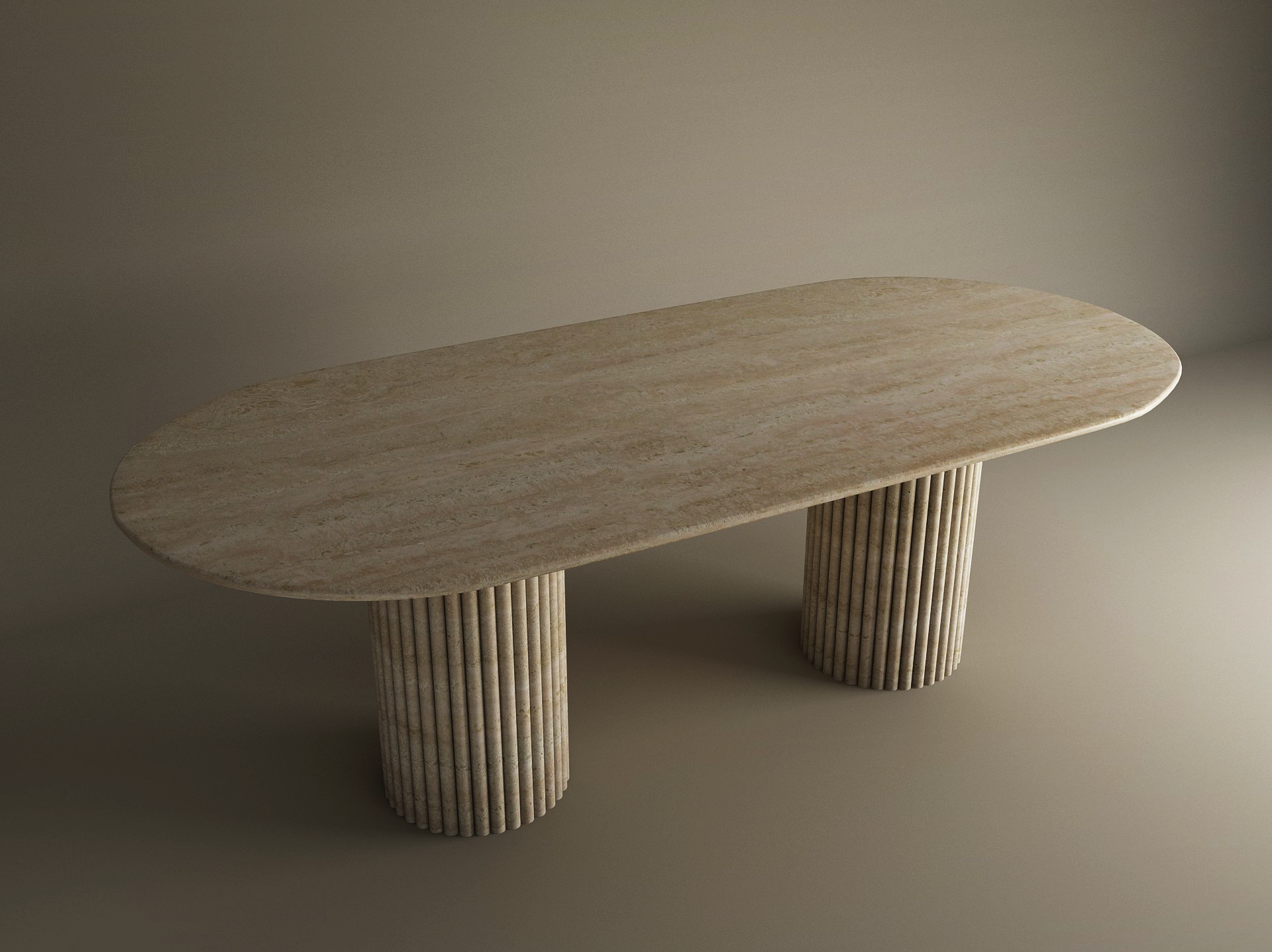 The TRAVERTABLE Oval Travertine Dining Table features a natural stone tabletop and two fluted, cylindrical bases with vertical grooves, set against a plain background.