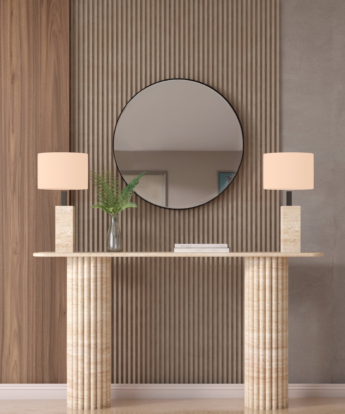 Rectangular Travertine Console Table with Vertical Groove Base – Organic Stone Base