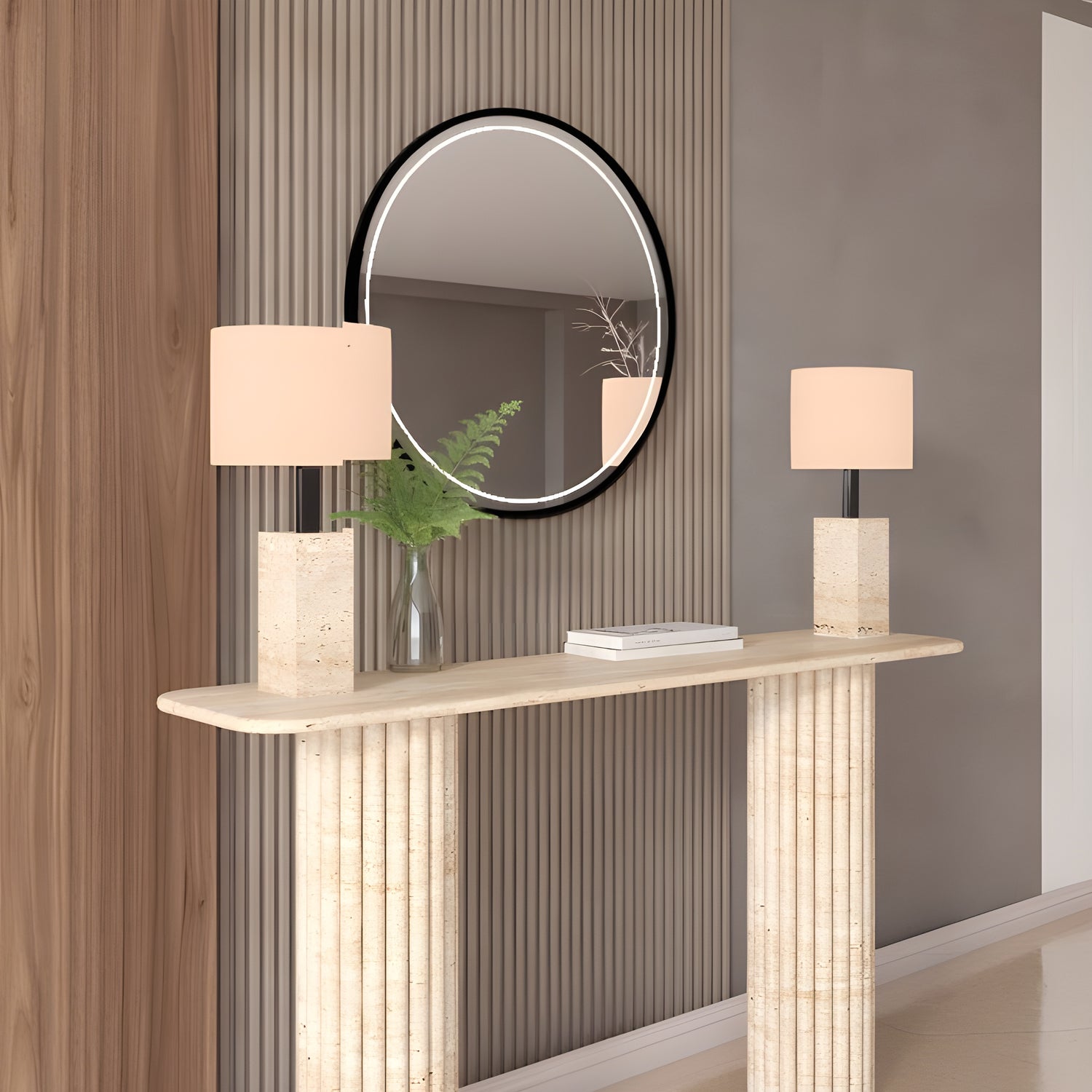 Rectangular Travertine Console Table with Vertical Groove Base – Organic Stone Base