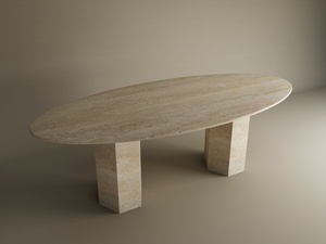 The TRAVERTABLE Ellips Travertine Dining Table features a smooth, oval natural stone top and organic hexagonal pedestal base—an elegant customizable centerpiece for refined spaces.