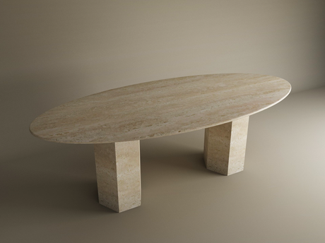 The TRAVERTABLE Ellips Travertine Dining Table features a smooth, oval natural stone top and organic hexagonal pedestal base—an elegant customizable centerpiece for refined spaces.