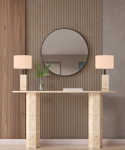 Ellips Travertine Console Table with Hexagonal Pedestal Base – Organic Stone Base – Customizable Console Table