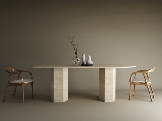 Oval Travertine Dining Table with Hexagonal Pedestal Base – Organic Stone Base – Customizable Dining Table