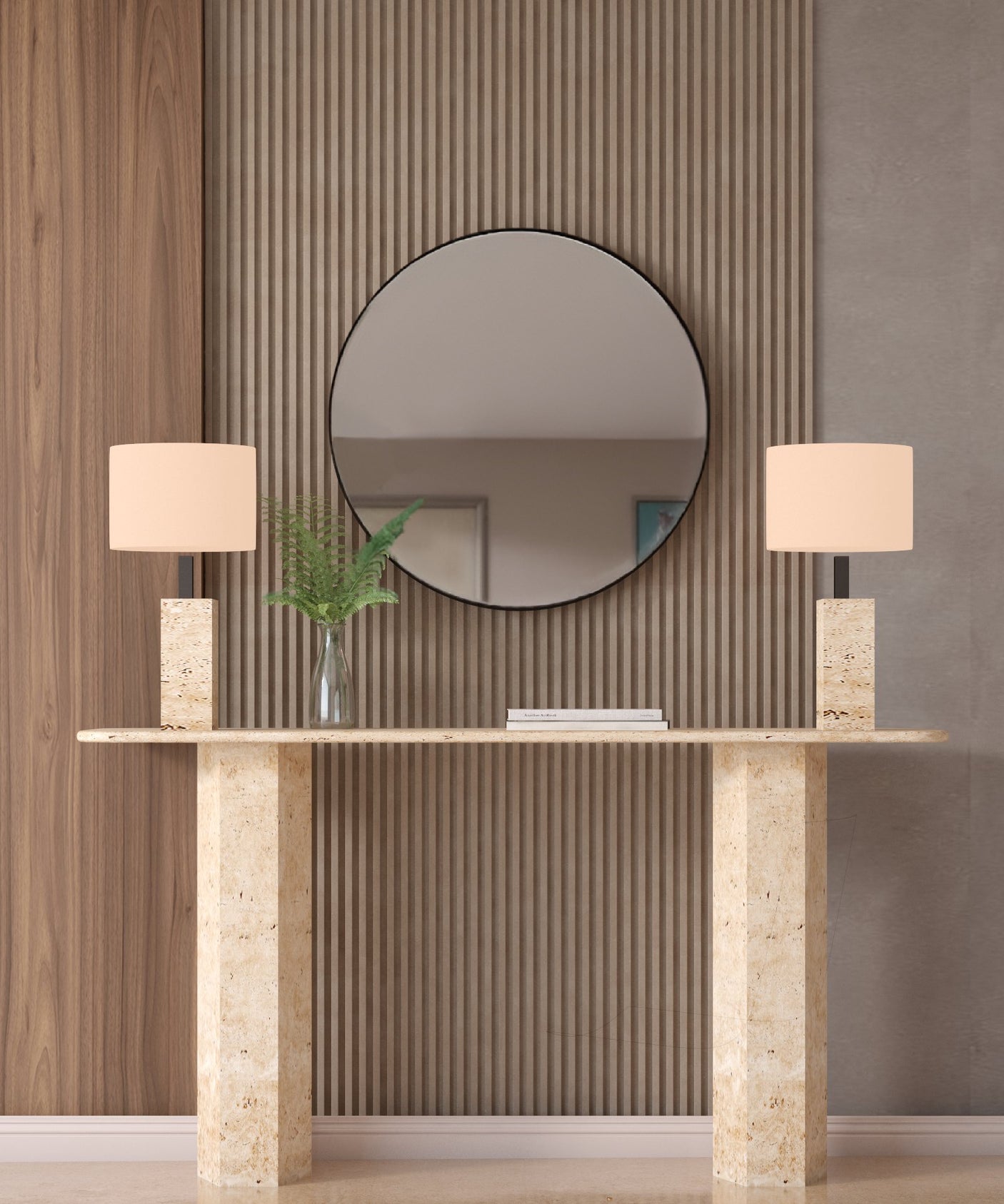 Rectangular Travertine Console Table with Hexagonal Pedestal Base – Organic Stone Base