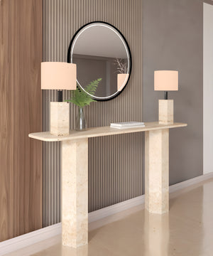 Rectangular Travertine Console Table with Hexagonal Pedestal Base – Organic Stone Base