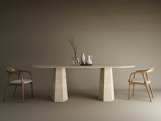 Oval Travertine Dining Table with Tapered Round Base – Solid Travertine Stone Base – Customizable Dining Table