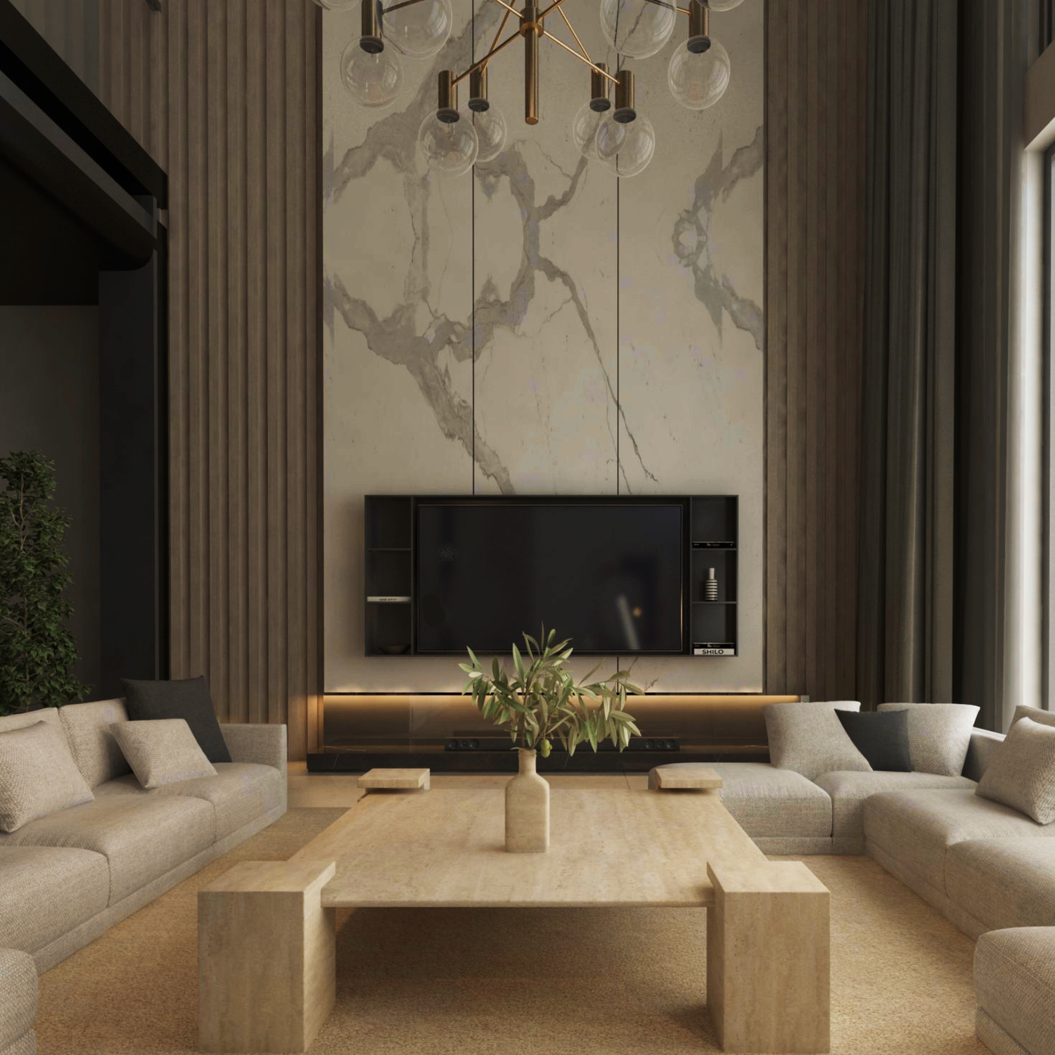 A modern living space with neutral tones features two beige sofas facing the TRAVERTABLE Square Travertine Coffee Table with Square Base. A TV is mounted on a marble accent wall with black shelves, and a minimalist chandelier hangs above tall, sunlit windows.