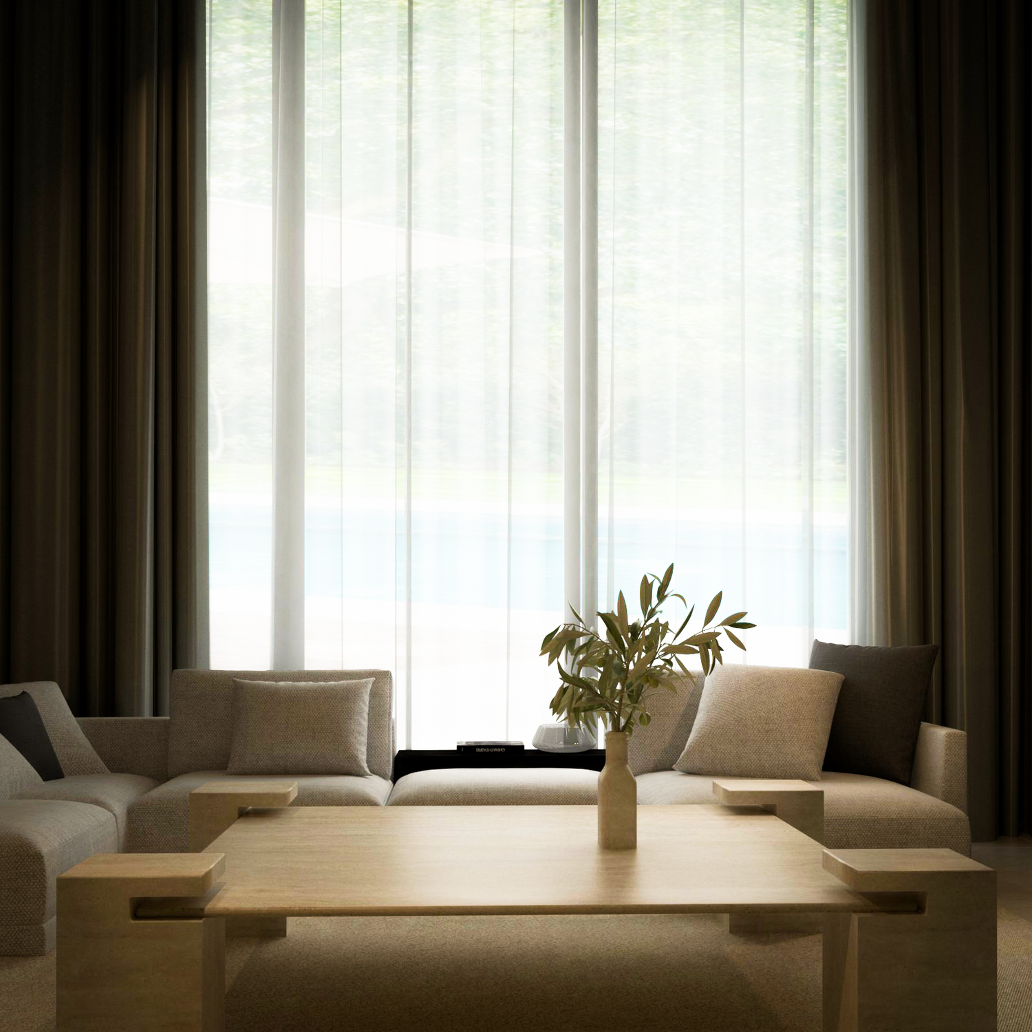 A modern living space features beige sofas, a TRAVERTABLE Square Travertine Coffee Table with Square Base, and a vase with green branches. Floor-to-ceiling windows behind sheer curtains fill the serene, minimalist decor with soft natural light.