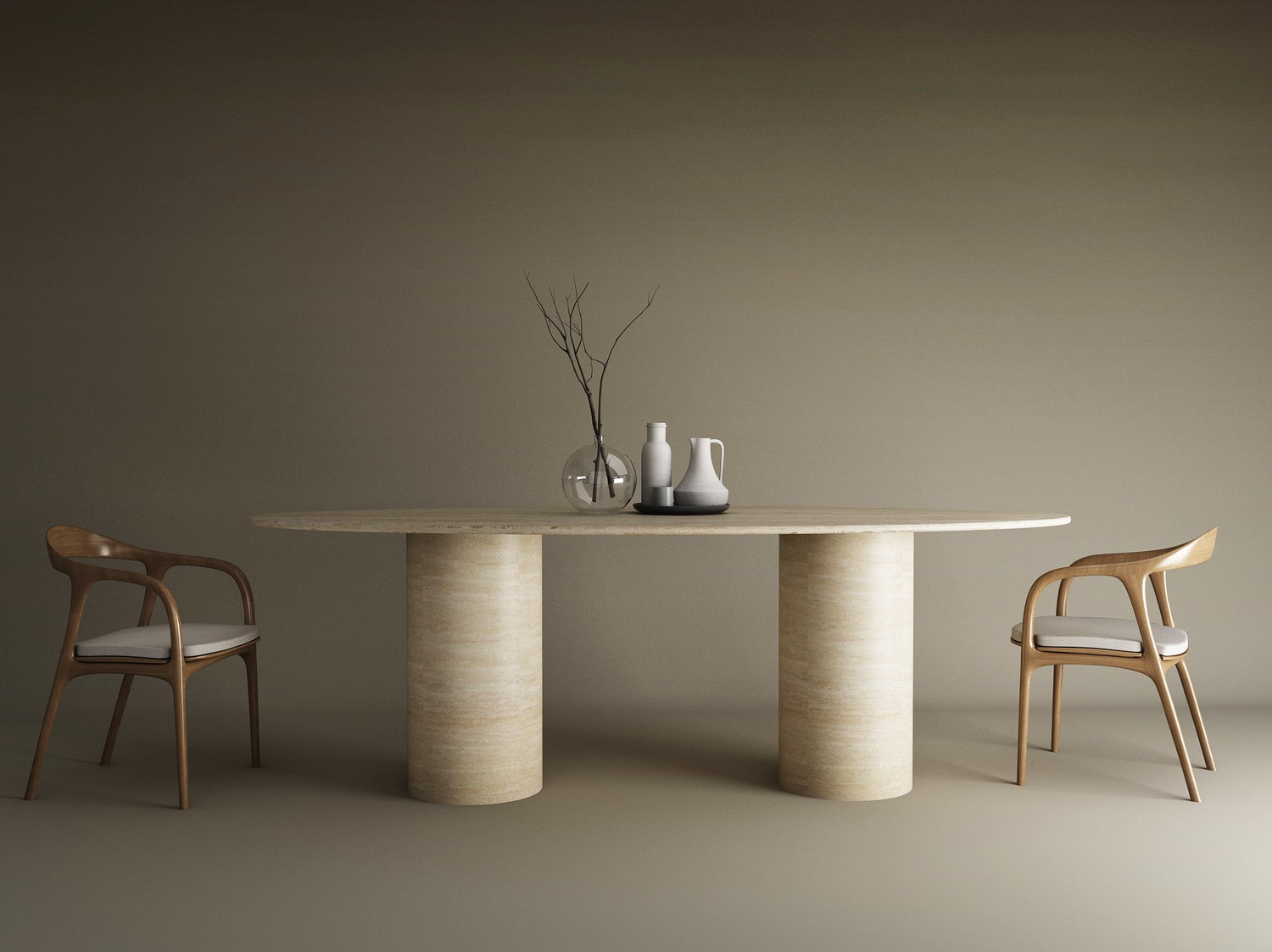 Minimalist dining setup showcasing the TRAVERTABLE Ellips Travertine Dining Table with a smooth cylinder base and pure travertine stone, paired with two wooden chairs with white cushions and decorative vases against a neutral beige background.