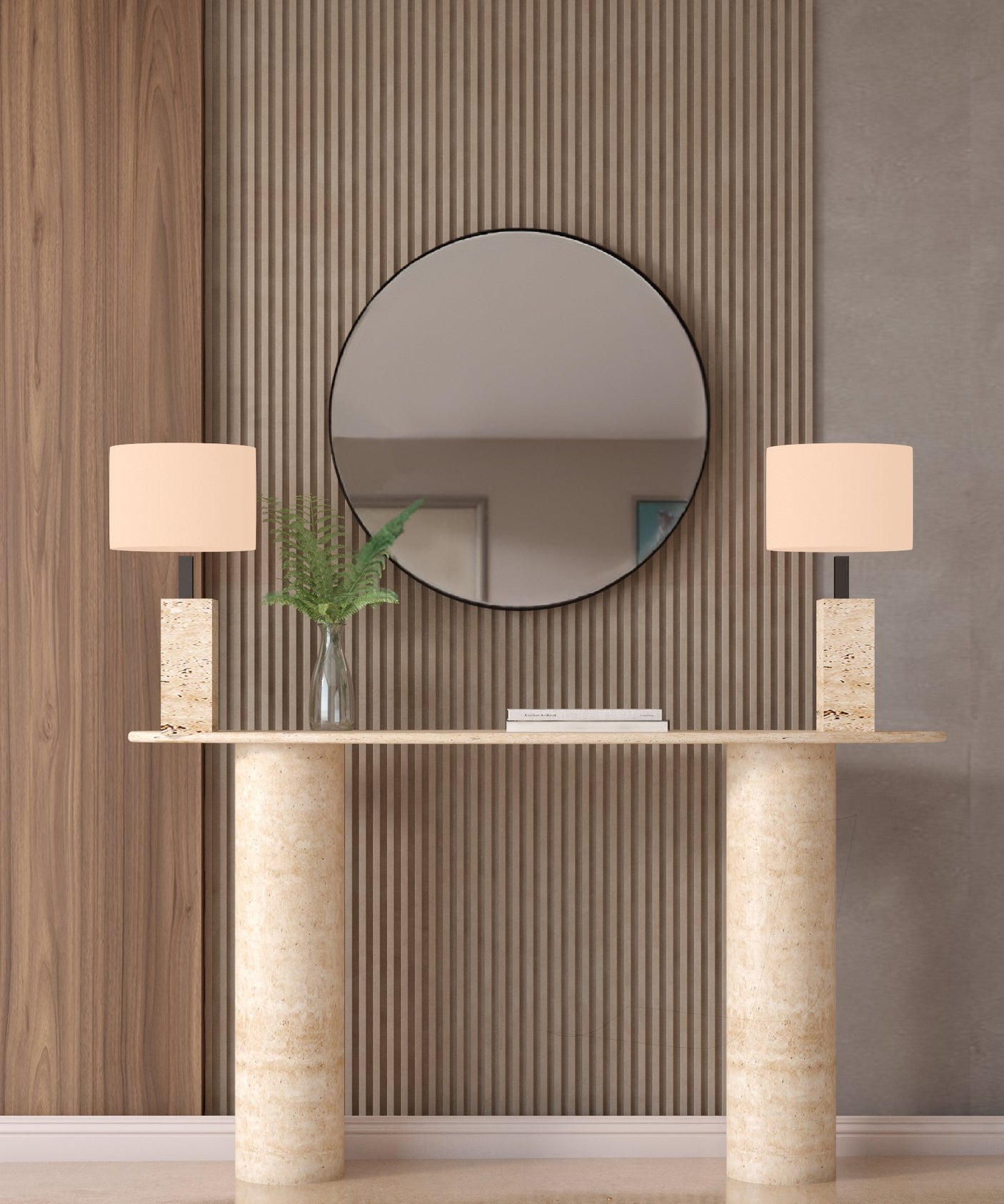 Ellips Travertine Console Table with Smooth Cylinder Base – Pure Travertine Stone Base