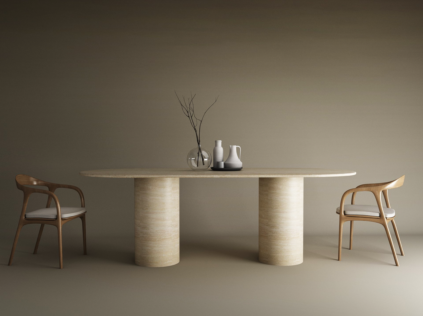 Oval Travertine Dining Table with Smooth Cylinder Base – Pure Travertine Stone Base – Customizable Dining Table