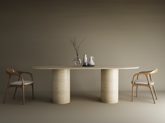 Oval Travertine Dining Table with Smooth Cylinder Base – Pure Travertine Stone Base – Customizable Dining Table